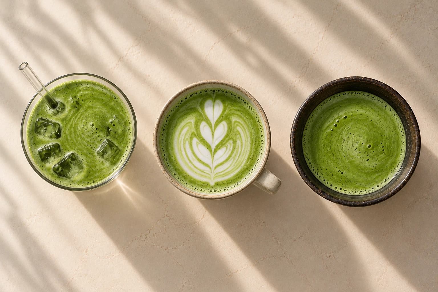 Iced Matcha, Matcha Latte und Usucha von oben, im Morgenlicht
